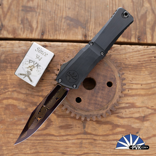 Marfione Select/Microtech Combat Troodon LT Gen 3 1146-16MS2 Bowie Blued Baker Forge Coppermai Damascus Blade, Black Handle Hardcut HW  Purple Haze Ti Accents