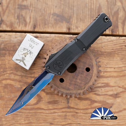 Marfione Select/Microtech Combat Troodon LT Gen 3 1146-16MS3 Bowie Blued Baker Forge Coppermai Damascus Blade, Black Handle Hardcut HW  Blue Ti Accents