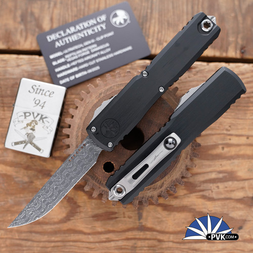 Marfione Select/Microtech Ultratech Gen 3 1121-16MS4 Clip Point Reptilian Pattern Vegas Forge Damascus Blade, Black Handle Stainless Hardware