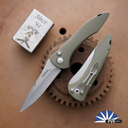 TiNives 3.25 Automatic, Bead Blasted 154CM Blade, OD Green Aluminum Handles