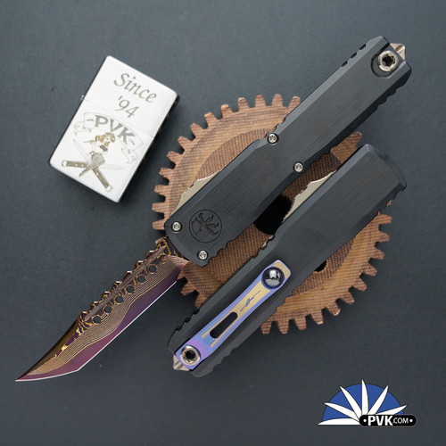 Marfione Select/Microtech Ultratech Gen 3 1119-16MS3 Hellhound Blued Baker Forge Coppermai Damascus Blade, Black Hefted Handle Bronzed Hardcut Hardware & Purple Titanium Hardware