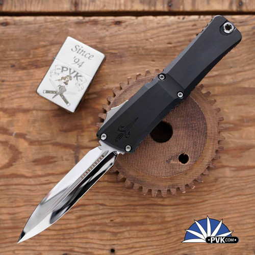 Marfione Custom Combat Troodon LT Gen 3 Double Edge Mirror Polished Blade, Hefted Black Handle, Hardcut Stainless W/Blue Titanium Accents