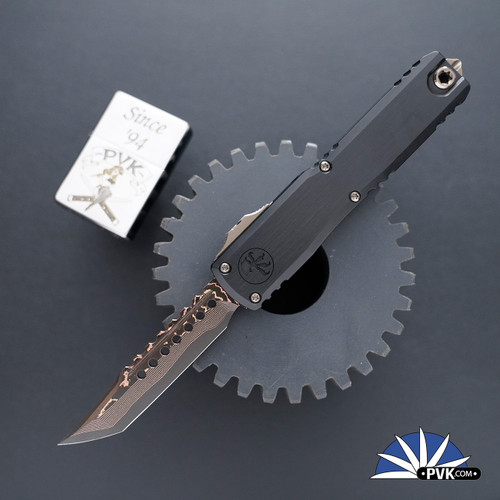 Marfione Select/Microtech Ultratech Gen 3 1119-16MS1 Hellhound Baker Forge Coppermai Damascus Blade, Black Hefted Handle Bronzed Hardcut Hardware & Bronzed Titanium Hardware