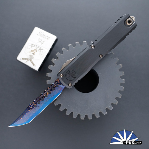 Marfione Select/Microtech Ultratech Gen 3 1119-16MS2 Hellhound Blued Baker Forge Coppermai Damascus Blade, Black Hefted Handle Bronzed Hardcut Hardware & Blue Titanium Hardware