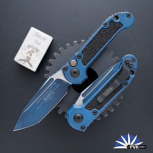 Microtech LUDT Gen 3 1136-1WBL Tanto Black Blade, Weathered Blue Handle Grip Inlay