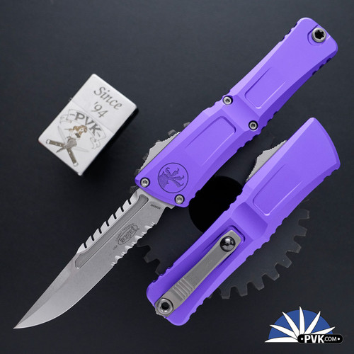 Microtech Factory Seconds Combat Troodon Gen 3 1217-11PUS Partial Serrated Interceptor Stonewashed Blade, Purple Handle Signature Series