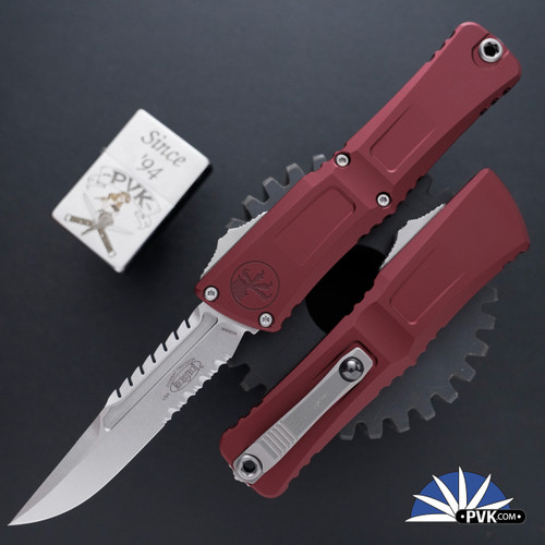 Microtech Factory Seconds Combat Troodon Gen 3 1217-11MRS Partial Serrated Interceptor Stonewashed Blade, Merlot Handle Signature Series