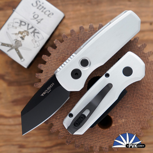 Protech Runt 5 R5203-Silver Black DLC Reverse Tanto, Silver Handle W/Black HW