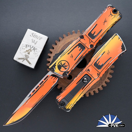Microtech Combat Troodon Gen 3 1143-1ORCOMICS Orange Comic Single Edge Blade, Orange Comic Strip Handle Signature Series