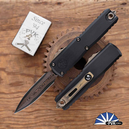 Microtech/Marfione Select UTX-85 Gen 3 1232-16MS1 D/E Baker Forge Coppermai Damascus, Hefted Black Handle, Bronzed Hard Cut HW, Bronze Titanium Accents