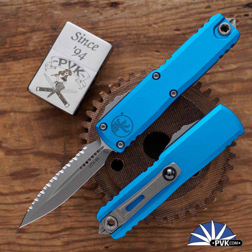 Microtech UTX-85 Gen 3 D/E 1232-12APBL Apocalyptic Full Serrated Blade, Blue Handle