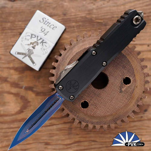 Microtech/Marfione Select UTX-85 Gen 3 1232-16MS2 D/E Blued Baker Forge Coppermai Damascus, Hefted Black Handle, Bronzed Hard Cut HW, Blue Titanium Accents