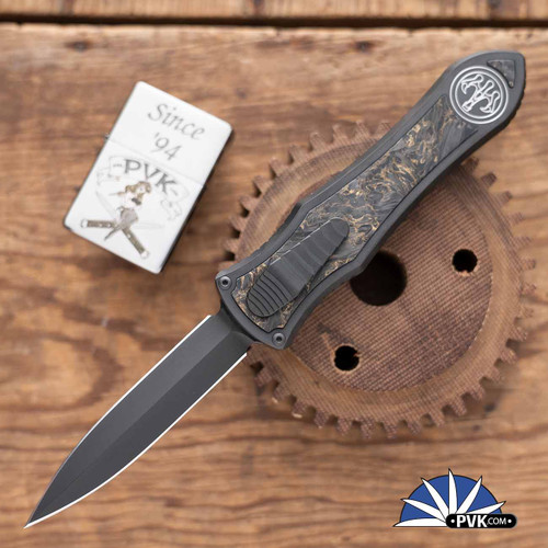 Hawk Knife Designs Deadlock Model C M390 Full DLC Double Edge Blade, Titanium chassis W/Dark Matter Gold FatCarbon Inlays
