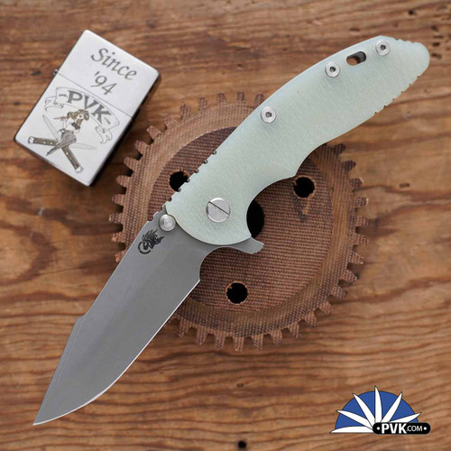 Hinderer XM-18 3.5″ Harpoon Spanto Working Finish Magnacut Blade, Working Finish & Translucent Green G10 Handle