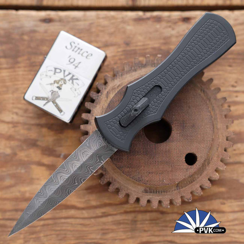 BURN Knives Palm Viper D/A OTF Black Mamba Series Snake Skin Engraved Chassis, Mike Norris Gatorskin Damascus Dagger