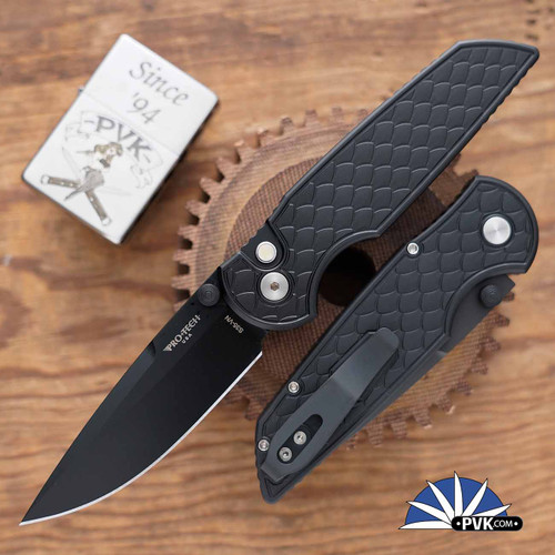 Protech TR-3 Integrity Thumbstud Manual, Black DLC CPM-S35VN Blade, Reptile Textured Black Handle