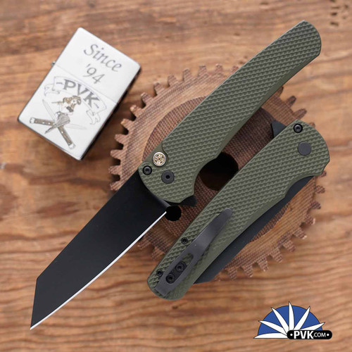 Protech Malibu Black DLC Magnacut Blade, Textured Green Handle, Mosaic Pin Button
