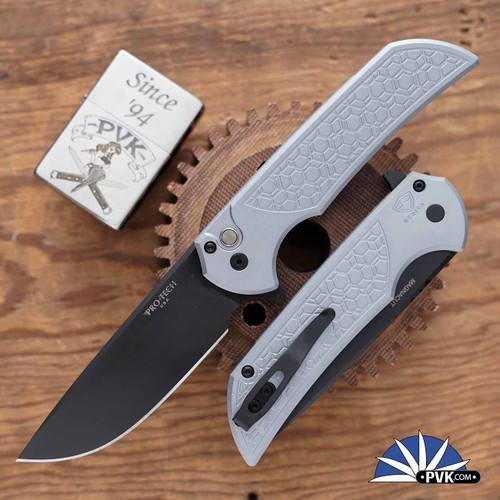 Protech Mordax Plunge Lock Flipper Knife, Black DLC Magnacut Blade, Grey Gridlock Aluminum Handle, Black HW