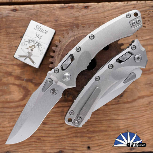 Microtech/Marfione Select Amphibian 137RL-10MS1 Ram-Lok Stonewash Finish Slab Side Titanium Handle, Bronze Titanium Accents w/ Double Vapor Blast Stainless HW, Stonewashed M390MK Blade