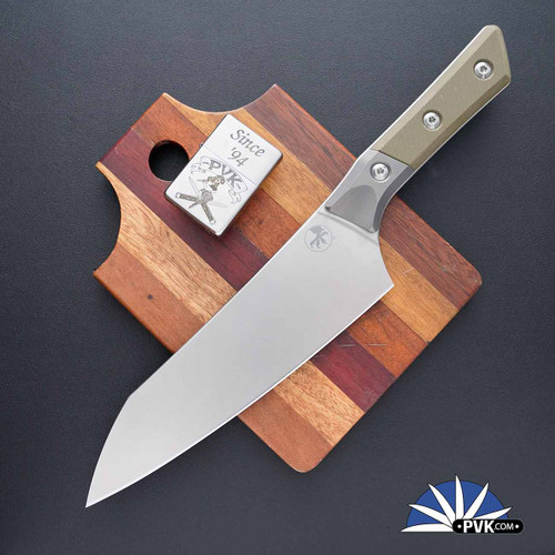 Microtech Kitchen 8" Chef Knife 3000B-10OD Stonewashed Blade, Titanium Bolster & OD Green G10 Handle