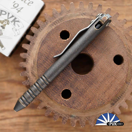 Maverick Customs Mini FU Flipper Universal Pen Ringed Antique Brass Body, SW Titanium Clip, Black Timascus Flipper