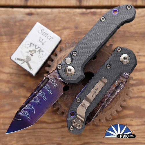 Microtech/Marfione Select LUDT Gen 3 1136-16MS3 Tanto Blued Baker Forge CopperMai Damascus Blade, Carbon Fiber Handle Bronze Hardcut HW Purple Ti Accents