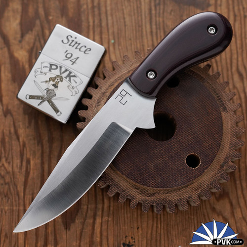 29 Knives Custom Fixed Flat Clip Bowie S35-VN, Maroon Micarta Handle Scales