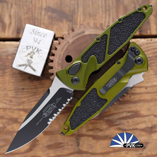 Microtech Socom Elite Auto 160A-2OD Single Edge Black Partial Serrated Blade, OD Green Handle