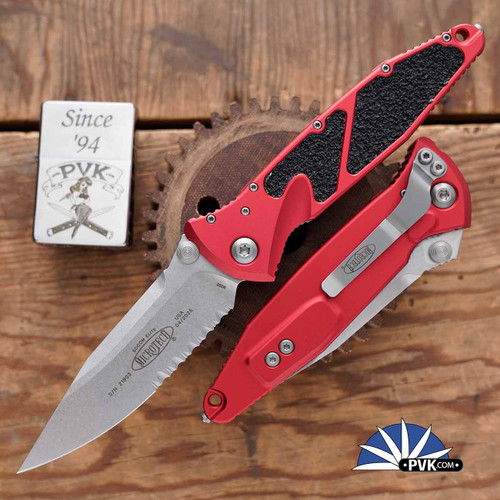 Microtech Socom Elite Manual 160-11RD Single Edge Stonewash Partial Serrated Blade, Red Handle
