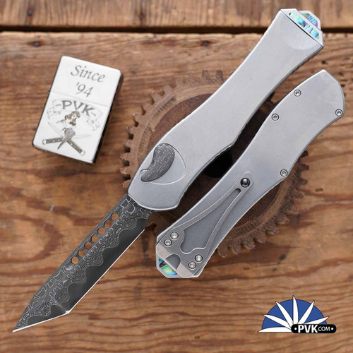 Heretic Knives Custom Hydra V.4, Hand Ground Vegas Forge San Mai Reptilian Blade, Stainless Steel Chassis W/ Damascus Button Cover And Abalone Inlays