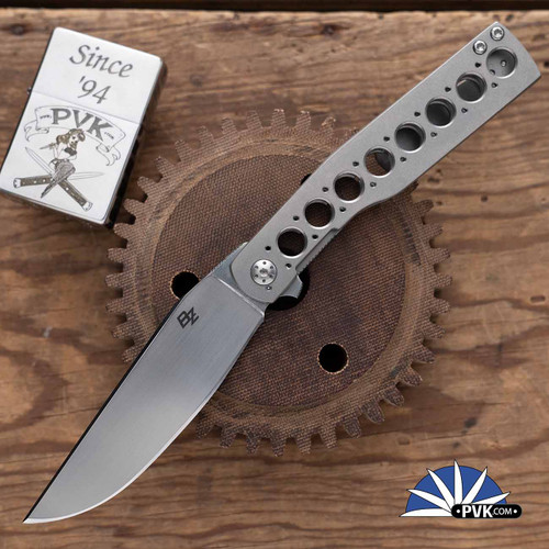 Brad Zinker Bent Gunstock Trapper Flipper, Satin CPM-154, Tumbled Titanium Handles