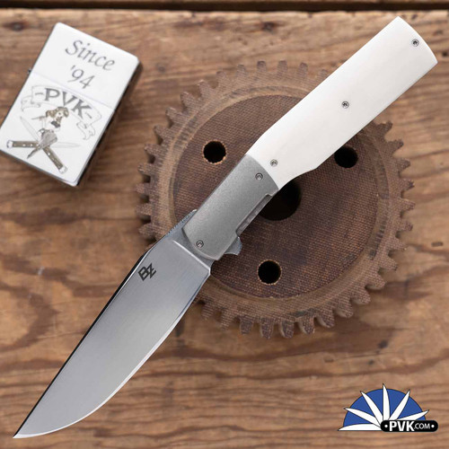 Brad Zinker Gunstock Trapper Flipper, Satin CPM-154, Supertusk Handle Scales W/Titanium Bolsters