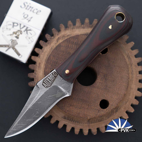 Auxiliary Manufacturing/Kopis Designs Collaboration Pocket Bowie,  Acid Etched AEB-L Bowie Blade,  Maroon & Black G10 Handle Scales