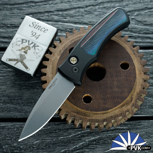 Protech Duke 2 Auto, Stonewashed Magnacut Blade, Black Aluminum Handle W/Starry Night Micarta Inlay, Mosaic Pin Button.