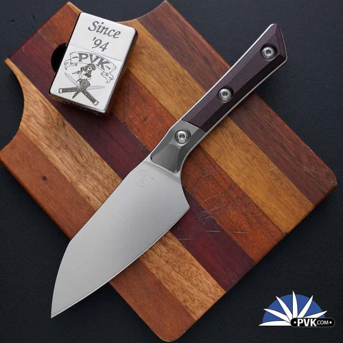 Microtech Kitchen 4.2" Santoku Knife 3300B-10BC Stonewashed Blade, Titanium Bolster W/Black Cherry  G10