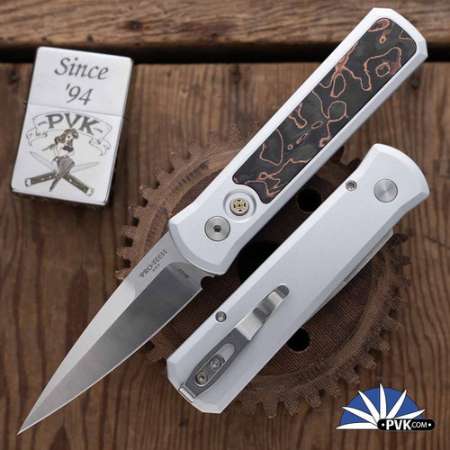 Protech Godson Auto CCKSF25.Godson.2, Satin 20CV Blade, Satin Aluminum Handle W/Livewire Copper CF Inlay, Mosaic Pin Button