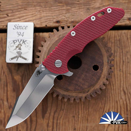 Hinderer XM-18 3.5″ Harpoon Spanto Stonwashed Magnacut Blade, Stonewashed Frame & Red G10 Handle