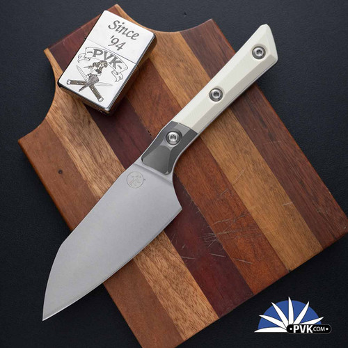 Microtech Kitchen 4.2" Santoku Knife 3300B-10IV Stonewashed Blade, Titanium Bolster W/Ivory G10 Handles G10