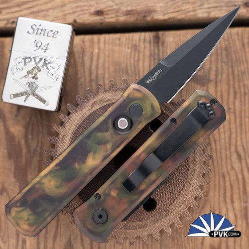 Protech Godson Auto 721-LH Woodland, Black DLC 154CM Blade, Woodland Camo Handle, Black Lip Pearl Button, Left Handed