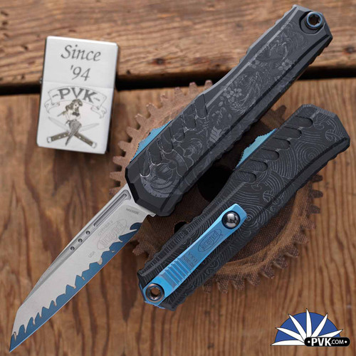 PVK Custom Shadow Samurai And Dragon/ Waves, Microtech Cypher Gen 2 1241-10SD Single Edge Blue Hamon (Wharncliffe) Stonewash Blade, Black Handle, Bluw HW