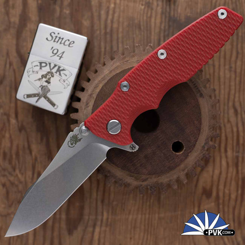 Hinderer 3.5″ Eklipse Slicer Hollow Ground, Stonewashed CPM S45VN Blade, Red G10 Scale, Stonewashed Ti Frame