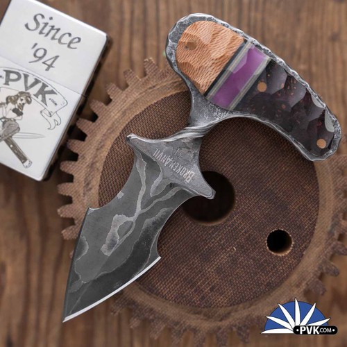Broken Anvil Knife Works Tactical Savage, Nickel-Mai Damascus Blade, Flying Shark Purple/Brown Combo Handle Scales, #51