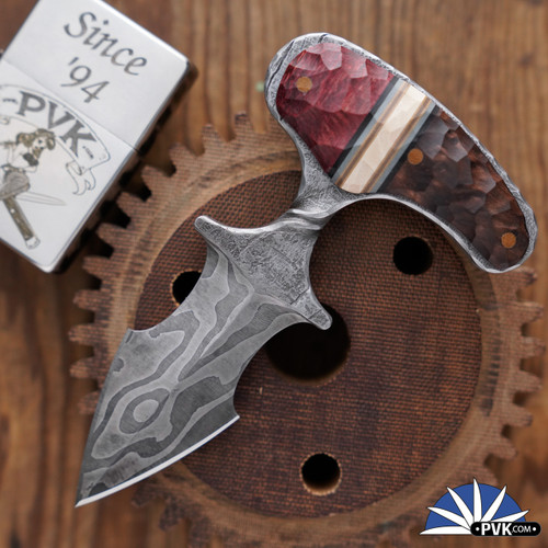 Broken Anvil Knife Works Tactical Savage XL, Low Layer Damascus Blade, Flying Shark Brown/White/Maroon Handle Scales, #02