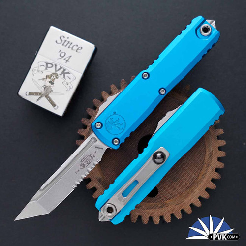 Microtech UTX-85 Gen 4 T/E 12334-11BL Stonewash Partial Serrated Tanto Blade, Blue Handle