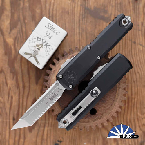 Microtech UTX-85 Gen 4 T/E 12334-12 Stonewash Full Serrated Tanto Blade, Black Handle