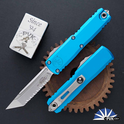 Microtech UTX-85 Gen 4 T/E 12334-12BL Stonewash Full Serrated Tanto Blade, Blue Handle