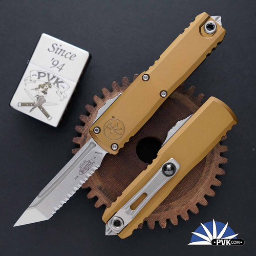 Microtech UTX-85 Gen 4 T/E 12334-12TA Stonewash Full Serrated Tanto Blade, Tan Handle