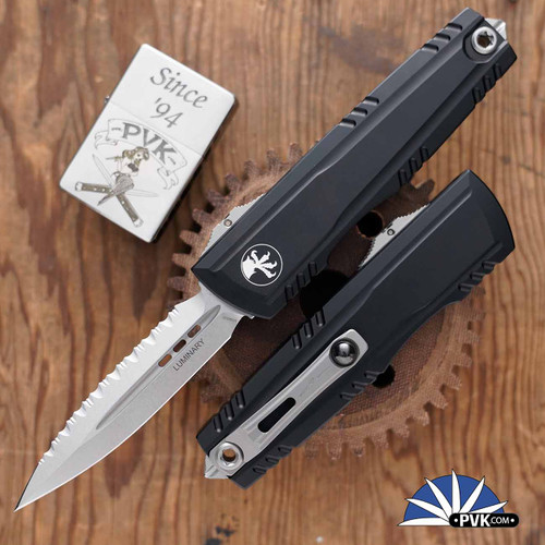 Microtech Luminary ZBP 1270-12S Stonewashed Full Serrated Blade,  Black Handle W/Tritium Button Insert, Signature Series