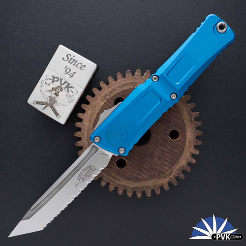 Microtech Combat Troodon Gen 3 1144-12BL, Full Serrated Stonewashed Tanto Blade, Blue Handle