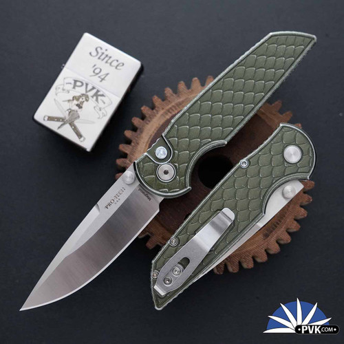 Protech TR-3 Integrity Thumbstud Manual INT1105-LTDBW-REPTILE-GREEN, Satin Magnacut Blade W/Thumbstuds, Battleworn Reptile Textured Green Handle, Pearl Button, Satin HW